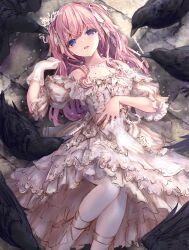Rule 34 | 1girl, bare shoulders, bird, blunt bangs, bow, collarbone, crow, dress, frilled dress, frilled skirt, frilled sleeves, frills, gloves, hair bow, highres, lolita fashion, looking at viewer, looking up, lying, medium hair, missile228, on back, open mouth, original, pink hair, single glove, skirt, straight hair, twintails