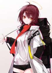 Rule 34 | 1girl, absurdres, ahoge, arknights, backpack, bag, black bag, black shorts, coat, cowboy shot, exusiai (arknights), hair between eyes, halo, hand in pocket, highres, long sleeves, looking at viewer, open clothes, open coat, orange eyes, parted lips, red hair, short hair, short shorts, shorts, simple background, smile, solo, white background, white coat, yonagi white