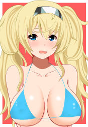 Rule 34 | 1girl, bikini, bikini top only, blonde hair, blue bikini, blue eyes, breasts, breasts apart, collarbone, gambier bay (kancolle), hair between eyes, hairband, hifumi kei, highres, kantai collection, large breasts, long hair, looking at viewer, solo, swimsuit, twintails, wavy mouth