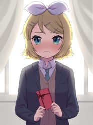 Rule 34 | 1girl, absurdres, blazer, blonde hair, blue eyes, blush, bow, box, cardigan, collared shirt, curtains, embarrassed, frown, furrowed brow, hair bow, hair ornament, hairclip, highres, holding, holding box, jacket, kagamine rin, light, long sleeves, looking at viewer, mochizuki reiji, necktie, nose blush, school, school uniform, shirt, short hair, solo, valentine, vocaloid, wavy mouth, window