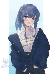 Rule 34 | 1girl, alternate costume, artist logo, blue eyes, blue hair, blue jacket, blue pants, clothes writing, coat, dated, english text, gotland (kancolle), hair bun, highres, jacket, kantai collection, ld (luna dial398), long hair, looking at viewer, mole, mole under eye, one-hour drawing challenge, pants, ponytail, single hair bun, smile, solo, sweater, white sweater, winter clothes, winter coat
