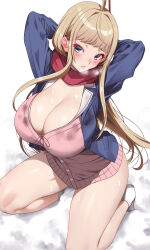 Rule 34 | 1girl, absurdres, ahoge, akihiro0920, arms behind head, arms up, blonde hair, blue jacket, blush, breasts, cardigan, cleavage, commentary request, dosanko gal wa namaramenkoi, fuyuki minami, grey eyes, highres, jacket, large breasts, long hair, looking at viewer, parted lips, pink cardigan, red scarf, scarf, sidelocks, snow, socks, solo, squatting, thighs, uniform, white socks