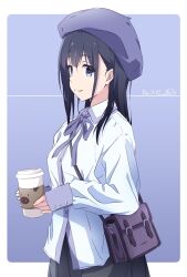 Rule 34 | 1girl, bag, beret, black hair, black skirt, blue background, blue eyes, blue hat, blue ribbon, border, buttoned cuffs, buttons, carrying bag, closed mouth, collared shirt, commentary request, cup, dated, disposable cup, dress shirt, hair between eyes, hat, highres, holding, holding cup, long hair, long sleeves, looking at viewer, monai-chan (nii manabu), neck ribbon, nii manabu, original, outside border, partial commentary, puffy long sleeves, puffy sleeves, purple bag, ribbon, shirt, shoulder bag, sidelocks, sideways glance, signature, simple background, skirt, sleeve cuffs, sleeves past wrists, smile, solo, split mouth, untucked shirt, upper body, white border, white shirt