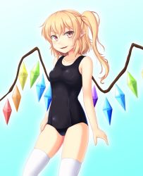 Rule 34 | 1girl, aqua background, bat wings, black one-piece swimsuit, blonde hair, commentary request, contrapposto, cowboy shot, crystal, flandre scarlet, gradient background, isaki (gomi), looking at viewer, medium hair, no headwear, one-piece swimsuit, one side up, pink eyes, pointy ears, school swimsuit, simple background, standing, swimsuit, thighhighs, touhou, white thighhighs, wings