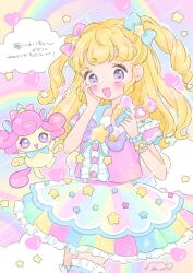Rule 34 | 1girl, :d, blonde hair, blue bow, blue sailor collar, bow, bracelet, center frills, commentary request, dress, frilled dress, frills, hair bow, hand on own cheek, hand on own face, hands up, heart, holding, holding microphone, idol clothes, idol time pripara, jewelry, long hair, looking at viewer, manamoko (fancy surprise!), microphone, open mouth, pastel colors, pink bow, pink dress, pink eyes, pretty series, pripara, punicorn, purple bow, rainbow skirt, ringlets, sailor collar, short sleeves, smile, solo, standing, star (symbol), translation request, two side up, yume kawaii, yumekawa yui