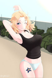 Rule 34 | 1girl, arm behind head, arm up, armpits, black tank top, blonde hair, blue eyes, blush, breasts, closed mouth, collarbone, covered erect nipples, girls und panzer, highres, kay (girls und panzer), large breasts, military, military vehicle, motor vehicle, navel, one eye closed, outdoors, panties, short hair, solo, standing, tank, tank top, underwear, white panties
