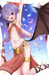 Rule 34 | 1girl, alternate costume, arabian clothes, arm up, armpits, bat wings, blush, breasts, breasts apart, commentary request, confetti, fangs, gem, gold bracelet, green gemstone, hair between eyes, hair ornament, highres, jewelry, looking at viewer, navel, necklace, one eye closed, open mouth, pelvic curtain, purple hair, red eyes, remilia scarlet, remitei03, short hair, small breasts, solo, sparkle, sweat, tongue, touhou, wings