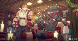 Rule 34 | 2boys, abs, animal ears, arm belt, bara, bare pectorals, box, bulge, candle, chest belt, chinese zodiac, christmas tree, couch, cow ears, cow horns, facial hair, feet out of frame, furry, furry male, gift, gift box, goatee, hat, highres, horns, large pectorals, looking at another, male focus, mature male, minotaur, multiple boys, muscular, muscular male, navel, nipples, on couch, original, pectoral cleavage, pectorals, red shorts, rollingstonex6, santa costume, santa hat, scar, scar on chest, short hair, shorts, sideburns, smile, spread legs, standing, stomach, tail, thick thighs, thighs, tiger boy, tiger ears, tiger tail, underbust, year of the ox, year of the tiger