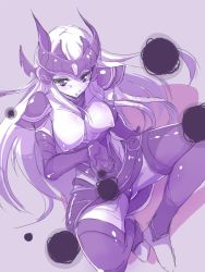 Rule 34 | 1girl, breasts, league of legends, long hair, monochrome, mori shin risuku, nipples, simple background, solo, syndra, thighhighs