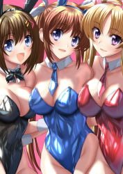 Rule 34 | 3girls, animal ears, black leotard, black neckwear, blue eyes, blue leotard, blue neckwear, bob cut, bow, bowtie, breasts, brown hair, cleavage, commentary request, detached collar, fake animal ears, fate testarossa, large breasts, leotard, long hair, looking at viewer, lyrical nanoha, mahou shoujo lyrical nanoha strikers, multiple girls, necktie, open mouth, pantyhose, pink background, playboy bunny, rabbit ears, red leotard, red neckwear, sen (sansui), shiny clothes, short hair, simple background, smile, sparkle, strapless, strapless leotard, takamachi nanoha, twintails, wrist cuffs, yagami hayate