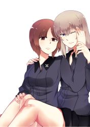 Rule 34 | 10s, 2girls, absurdres, bare legs, black skirt, blue eyes, breasts, brown eyes, brown hair, expressionless, female focus, girls und panzer, grey hair, hair between eyes, hand on another&#039;s shoulder, highres, holding another&#039;s wrist, itsumi erika, knees up, legs, long sleeves, looking at viewer, migihiza (youtsuu transmitter), multiple girls, neck, nishizumi miho, one eye closed, serious, short hair, simple background, sitting, skirt, unbuttoned, uniform, white background, wince, yuri