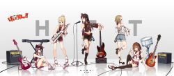 Rule 34 | 5girls, akiyama mio, amplifier, animal ear headphones, arm support, ass, bare shoulders, bass guitar, black hair, blonde hair, blue eyes, blush, boots, bow, brown hair, charm (object), contrapposto, copyright name, denim, denim shorts, detached sleeves, drum, drum set, elbow gloves, electric guitar, fake animal ears, from behind, gloves, grey background, guitar, hair bow, headphones, highres, hirasawa yui, instrument, k-on!, keytar, kneehighs, kotobuki tsumugi, looking at viewer, looking back, looking to the side, midriff, multiple girls, nakano azusa, navel, plaid, plaid skirt, red eyes, reflection, shoes, short hair, shorts, skirt, smile, sneakers, socks, standing, standing on one leg, swimsuit, tainaka ritsu, thighhighs, thighs, wide sleeves, wire, wujia xiaozi