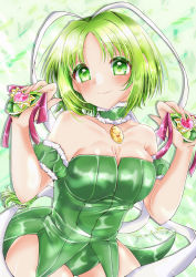Rule 34 | absurdres, birthmark, breasts, castanets, choker, cleavage, collarbone, green background, green choker, green eyes, green hair, green leotard, green theme, hair tubes, highres, instrument, jewelry, leotard, long hair, magical girl, medium breasts, mew lettuce, midorikawa lettuce, pendant, signature, smile, strapless, strapless leotard, tailcoat, tokyo mew mew, tsukishiro yayoi (yumeir0), wrist cuffs
