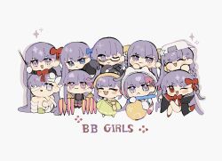 6+girls :&lt; :3 :d ;( ;d absurdres bag bandage_over_one_eye bandaged_arm bandaged_leg bandages baseball_cap bb_(fate) bb_(fate)_(all) bb_(fate/extra) bb_(swimsuit_mooncancer)_(fate) bb_(swimsuit_mooncancer)_(first_ascension)_(fate) bb_(swimsuit_mooncancer)_(third_ascension)_(fate) bb_cosmo_(fate) bb_dubai_(fate) blue_eyes blue_ribbon blush braid chibi chibi_only closed_eyes closed_mouth commentary drop_shadow english_text fate/extra fate/extra_ccc fate/extra_ccc_fox_tail fate/grand_order fate_(series) glasses grey_background hair_ribbon hat helmet highres holding kazuradrop_(fate) kindergarten_uniform kingprotea_(fate) long_hair look-alike looking_at_viewer meltryllis_(fate) multiple_girls note_nii one_eye_closed one_eye_covered open_mouth passionlip_(fate) purple_eyes purple_hair red_eyes red_footwear red_ribbon ribbon satchel school_hat simple_background smile space_helmet spacesuit sparkle star_(symbol) star_in_eye straight_hair symbol_in_eye v-shaped_eyebrows violet_(fate) yellow_bag yellow_ribbon