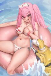 Rule 34 | 1girl, 1other, :o, bare shoulders, bikini, bikini pull, blush, breasts, cleavage, clothes pull, collar, day, gluteal fold, goddess of victory: nikke, hair between eyes, hair intakes, hand on own chest, hat, highres, large breasts, legendary beam, lifebuoy, long hair, navel, non-humanoid robot, nurse cap, official alternate costume, open mouth, pepper (nikke), pepper (ocean vitamin) (nikke), pink eyes, pink hair, pink innertube, polka dot, polka dot bikini, red bikini, robot, robot animal, robot dog, side ponytail, swim ring, swimsuit, two-tone bikini, volt (nikke), water, white bikini, white headwear, wrist cuffs