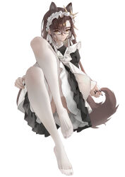 Rule 34 | 1girl, absurdres, alternate costume, animal ears, arknights, bespectacled, black dress, brown hair, dress, enmaided, extra ears, glasses, hair between eyes, highres, long hair, looking at viewer, maid, maid headdress, mole, mole above eye, mole above mouth, nail polish, no shoes, penance (arknights), puppy (user kfpt4478), semi-rimless eyewear, simple background, solo, tail, thighhighs, toenail polish, toenails, under-rim eyewear, white background, white thighhighs, wolf ears, wolf girl, wolf tail, yellow eyes