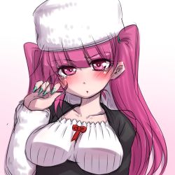 Rule 34 | 1girl, bleach, blush, breasts, closed mouth, commentary request, dokugamine riruka, dress, hanya (hanya yashiki), hat, long hair, looking at viewer, nail polish, purple eyes, purple hair, simple background, solo, tears, twintails