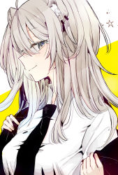 Rule 34 | 1girl, animal ear fluff, animal ears, black jacket, black necktie, blush, breasts, collared shirt, commentary request, ear piercing, grey eyes, grey hair, hair between eyes, highres, hololive, jacket, lion ears, medium breasts, mito (go!go!king!), necktie, off shoulder, open clothes, open jacket, piercing, shirt, shishiro botan, solo, star (symbol), two-tone background, undressing, upper body, virtual youtuber, white background, white shirt, yellow background