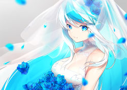 Rule 34 | 1girl, bare shoulders, blue eyes, blue flower, blue hair, blue rose, blurry, bouquet, breasts, bridal veil, cleavage, depth of field, dress, eureka iris, flower, grey background, hair flower, hair ornament, kagachi saku, large breasts, liver city, long hair, looking at viewer, multicolored hair, petals, rose, see-through, sidelocks, simple background, sleeveless, sleeveless dress, smile, solo, symbol-shaped pupils, two-tone hair, upper body, veil, virtual youtuber, wedding dress, white dress, white hair