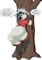 Rule 34 | 1girl, absurdres, against tree, ass, black eyes, black gloves, black hair, chetrippo, english text, feathers, from behind, gloves, hat, highres, huge ass, jiggle, kaban (kemono friends), kemono friends, looking at viewer, looking back, open mouth, pantyhose, red shirt, safari hat, shirt, shoes, short hair, short sleeves, shorts, solo, speech bubble, tree, white background