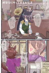 Rule 34 | 2girls, absurdres, agnes tachyon (umamusume), alternate costume, alternate hairstyle, animal ears, apron, black hair, brown hair, casual, cleaning, comic, commentary request, earrings, green apron, highres, horse ears, horse girl, horse tail, jewelry, long hair, long sleeves, manhattan cafe (umamusume), multiple girls, ponytail, purple sweater, shirt, short hair, single earring, sweatdrop, sweater, tail, translation request, umamusume, white shirt, yellow shirt, ygmn01