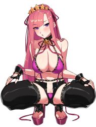 Rule 34 | 1girl, bare shoulders, bb (fate), bb (fate) (all), bb (swimsuit mooncancer) (fate), bb (swimsuit mooncancer) (fate) (cosplay), bb (swimsuit mooncancer) (second ascension) (fate), bikini, black gloves, black thighhighs, blush, breasts, cameltoe, choker, cleavage, cleft of venus, cosplay, fate/grand order, fate (series), fingerless gloves, gloves, hairband, highres, large breasts, long hair, nail polish, navel, open mouth, original, pink hair, platform footwear, platform heels, purple bikini, purple eyes, shorts, simple background, solo, spread legs, squatting, suisogenshi, swimsuit, thighhighs, toeless footwear, white background