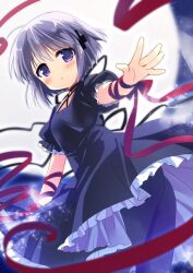 Rule 34 | 1girl, \||/, ahoge, arm at side, arm ribbon, black dress, black pantyhose, blurry, blush, breasts, commentary request, criss-cross halter, cross hair ornament, depth of field, dress, feet out of frame, foreshortening, frilled dress, frilled sleeves, frills, from below, full moon, grey hair, hair between eyes, hair ornament, halterneck, highres, kagari (rewrite), long ribbon, looking at viewer, moon, nagayama yuunon, night, outdoors, outstretched arm, pantyhose, parted lips, puffy short sleeves, puffy sleeves, purple eyes, red ribbon, rewrite, ribbon, short dress, short hair, short sleeves, small breasts, solo