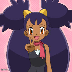 Rule 34 | 1girl, :d, bare arms, big hair, black shirt, brown eyes, commentary, cosplay, creatures (company), dark-skinned female, dark skin, dawn (pokemon), dawn (pokemon) (cosplay), eyelashes, game freak, hand up, iris (pokemon), jiffy0v0, long hair, looking at viewer, nintendo, open mouth, pink background, pink scarf, pokemon, pokemon (anime), pokemon bw (anime), pokemon dppt (anime), scarf, shirt, sleeveless, sleeveless shirt, smile, solo, tongue, two side up, upper body, v, watermark