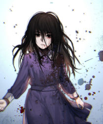 Rule 34 | 1girl, alessa gillespie, black hair, blood, blood from mouth, blood on face, child, chromatic aberration, commentary, double exposure, dress, kawacy, long hair, looking at viewer, messy hair, school uniform, silent hill, silent hill (series), silent hill 1, solo