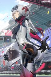 Rule 34 | 1girl, artist request, ass, banner, bleachers, blonde hair, blue sky, breasts, brown eyes, confetti, fence, frown, grey hair, headgear, helmet, highres, looking at viewer, looking back, mechanical parts, medium breasts, multicolored hair, official art, punishing: gray raven, racetrack, reaching, reaching towards viewer, rosetta: rigor (punishing: gray raven), rosetta (punishing: gray raven), scaffolding, see-through body, short hair, sky, solo, traffic light