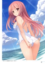 Rule 34 | 1girl, :&lt;, absurdres, adjusting clothes, adjusting swimsuit, ass, backless swimsuit, breasts, brown eyes, casual one-piece swimsuit, cloud, day, highres, imouto no katachi, large breasts, long hair, looking at viewer, looking back, mutou kurihito, ocean, one-piece swimsuit, outdoors, pink hair, sena miyuki, sky, solo, swimsuit, triangle mouth, white one-piece swimsuit