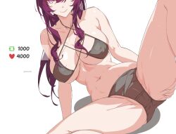 Rule 34 | 1girl, bare arms, bare shoulders, bra, breasts, commentary, grey bra, grey panties, heart, honkai: star rail, honkai (series), kafka (honkai: star rail), kili kilio, large breasts, long hair, looking at viewer, navel, panties, purple eyes, purple hair, sitting, smile, solo, stomach, thighs, underwear, very long hair, white background