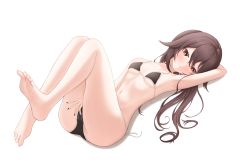 Rule 34 | 1girl, absurdres, bare arms, bare legs, barefoot, bikini, black bikini, black nails, blush, breasts, brown eyes, brown hair, cameltoe, closed mouth, collarbone, full body, genshin impact, hair between eyes, highres, hu tao (genshin impact), long hair, looking at viewer, lying, nail polish, on back, side-tie bikini bottom, simple background, small breasts, smile, soles, solo, swimsuit, tada (pixiv41160771), underboob, untied bikini, very long hair, white background