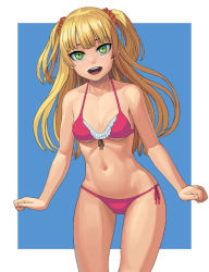 Rule 34 | 10s, 1girl, arms at sides, bad id, bad tumblr id, bare arms, bare shoulders, beads, bikini, blonde hair, blue background, blunt bangs, blush, border, breasts, collarbone, cowboy shot, frilled bikini, frills, green eyes, hair beads, hair ornament, idolmaster, idolmaster cinderella girls, jougasaki rika, lasterk, legs apart, long hair, navel, open mouth, pink bikini, pink ribbon, ribbon, round teeth, side-tie bikini bottom, simple background, small breasts, solo, standing, stomach, swimsuit, teeth, two side up, white border, wrists extended