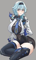 Rule 34 | 1girl, backless leotard, black hairband, black headband, black leotard, blue hair, blue necktie, bodystocking, boots, breasts, clothing cutout, desspie, eula (genshin impact), genshin impact, hairband, headband, high-waist shorts, highres, large breasts, leotard, medium hair, multicolored eyes, necktie, purple eyes, shorts, shoulder cutout, solo, thigh boots, thigh strap, thighhighs, yellow eyes