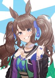 Rule 34 | 1girl, animal ears, bangle, blue background, blue eyes, blush, bracelet, breasts, brown hair, character name, closed mouth, collar, commentary request, ddoomm1298, fishnet top, fishnets, green jacket, green shirt, hands up, highres, horse ears, horse girl, jacket, jewelry, long hair, long sleeves, looking at viewer, multicolored nails, open clothes, open jacket, purple collar, shirt, simple background, solo, tosen jordan (umamusume), twintails, two-tone background, umamusume, upper body, very long hair