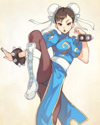 Rule 34 | 1girl, black panties, blue dress, boots, bracelet, breasts, brown eyes, brown hair, brown pantyhose, bun cover, capcom, china dress, chinese clothes, chun-li, cross-laced footwear, double bun, dress, eyeliner, fighting stance, hair bun, hand up, highres, jewelry, knee up, large breasts, looking at viewer, makeup, open mouth, panties, pantyhose, parted lips, puffy short sleeves, puffy sleeves, sash, short hair, short sleeves, solo, spiked bracelet, spikes, standing, standing on one leg, street fighter, underwear, vins-mousseux, white footwear