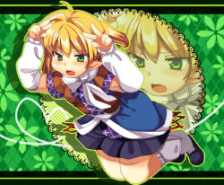 Rule 34 | 1girl, annoyed, argyle, argyle background, argyle clothes, arm warmers, arms up, bad id, bad pixiv id, blonde hair, blush, double v, fang, female focus, green eyes, letterboxed, matatabi maru, mizuhashi parsee, open mouth, ponytail, scarf, shirt, short hair, skirt, solo, touhou, v, zoom layer