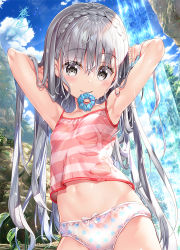 Rule 34 | 1girl, armpits, arms up, bare arms, bare shoulders, blue scrunchie, bow, bow panties, braid, breasts, camisole, commentary request, crown braid, day, fujima takuya, grey eyes, grey hair, hair between eyes, hair ornament, hair scrunchie, hair tie in mouth, long hair, looking at viewer, mouth hold, navel, original, outdoors, panties, polka dot, polka dot panties, scrunchie, small breasts, solo, standing, striped camisole, underwear, underwear only, very long hair, water, waterfall, wet, wet clothes, white panties