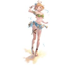Rule 34 | 1girl, ahoge, arm up, bare shoulders, bikini, bikini top only, blonde hair, blush, bracelet, breasts, cleavage, collarbone, earrings, flower, frilled bikini, frills, full body, granblue fantasy, green bikini, green eyes, hair flower, hair ornament, jewelry, medium breasts, messy hair, midriff, minaba hideo, navel, official art, open mouth, sandals, sarong, short hair, smile, solo, standing, stomach, swimsuit, teena (granblue fantasy), thigh strap, toes, transparent background, water, water drop