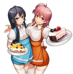 Rule 34 | 10s, 2girls, apron, bad id, bad pixiv id, black hair, blue eyes, blush, breast press, breasts, brown eyes, buttons, cake, cake slice, chocolate, closed mouth, collared shirt, cowboy shot, dress shirt, female focus, food, friends, fruit, hair bun, hair ribbon, hand on another&#039;s hip, holding, holding plate, large breasts, lipstick, long hair, looking at viewer, makeup, masin0201, multiple girls, orange (fruit), orange slice, outstretched arms, outstretched hand, overalls, pink hair, plate, puffy short sleeves, puffy sleeves, red ribbon, ribbon, shirt, short hair, short sleeves, side ponytail, simple background, single hair bun, small breasts, smile, strawberry, thighhighs, underbust, waist apron, waitress, white background, white legwear, white shirt, yahari ore no seishun lovecome wa machigatteiru., yuigahama yui, yukinoshita yukino