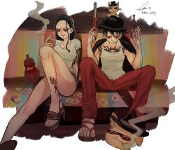 1boy 1girl absurdres animal black_hair cat character_name chest_tattoo closed_mouth commentary_request couch gun hair_slicked_back handgun high_heels highres holding kkingseo99 korean_commentary leg_tattoo monkey_d._luffy nico_robin on_couch one_piece pants red_pants sidelocks signature smile smoke sunglasses tank_top tattoo weapon whiskers white_tank_top