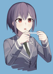 Rule 34 | 1girl, absurdres, bang dream!, bang dream! it&#039;s mygo!!!!!, blue background, blush, commentary request, cropped torso, green necktie, grey jacket, haneoka school uniform, highres, holding, jacket, long sleeves, lu guan, necktie, open mouth, purple hair, red eyes, school uniform, shirt, short hair, simple background, solo, takamatsu tomori, upper body, white shirt