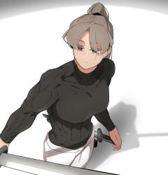 Rule 34 | 1girl, abs, black eyes, brown hair, frown, highres, katana, muscular, muscular female, oddsnail, original, ponytail, scar, shirt, solo, sword, tight clothes, tight shirt, turtleneck, weapon, white background