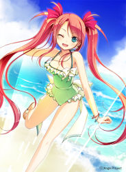 Rule 34 | 10s, 1girl, :d, ange vierge, bare legs, bare shoulders, beach, blue eyes, blue sky, blush, bracelet, breasts, casual one-piece swimsuit, cleavage, daikan&#039;yama ebisu, day, earrings, flower earrings, frilled one-piece swimsuit, frills, green one-piece swimsuit, hair ornament, hair ribbon, hairclip, jewelry, leg up, long hair, looking at viewer, medium breasts, one-piece swimsuit, one eye closed, open mouth, original, outdoors, red hair, ribbon, sandals, sky, smile, solo, sunlight, swept bangs, swimsuit, tongue, twintails, very long hair