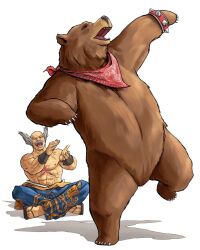 Rule 34 | 1boy, :d, abs, artist request, bald, basalai art, bear, clapping, closed eyes, dancing, full body, geta, grey hair, highres, indian style, japanese clothes, kuma (tekken), mishima heihachi, muscular, muscular male, neckerchief, nipples, on floor, open mouth, red neckerchief, simple background, sitting, smile, solo, standing, standing on one leg, tekken, white background