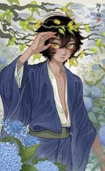 Rule 34 | 1boy, artist logo, black hair, blue kimono, branch, commentary, flower, green eyes, highres, hydrangea, japanese clothes, kimono, konpeitou (pixiv37354724), landscape, looking at viewer, male focus, original, sash, scenery, short hair, solo, standing, wide sleeves