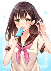 Rule 34 | 1girl, blush, brown hair, commentary request, food, gradient background, green eyes, holding, holding food, long hair, looking at viewer, nail polish, neckerchief, open mouth, original, pink nails, pink neckerchief, popsicle, sakura hiyori, school uniform, serafuku, short sleeves, solo, sweat, teeth, upper body, upper teeth only