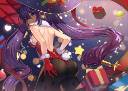 Rule 34 | 1girl, absurdres, alternate costume, artist request, ass, ass grab, bad id, bad pixiv id, bare shoulders, black pantyhose, blurry, breasts, christmas, christmas ornaments, deep skin, depth of field, from behind, fur-trimmed leotard, fur trim, genshin impact, gloves, green eyes, hair between eyes, hair ornament, hair ribbon, hand on own ass, hat, highres, leotard, long hair, looking at viewer, medium breasts, mona (genshin impact), pantyhose, print pantyhose, purple hair, purple hat, rabbit tail, ribbon, santa costume, shiny clothes, shiny skin, sideboob, solo, tail, thong leotard, twintails, very long hair