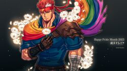 Rule 34 | 1boy, armor, artist request, bandaged arm, bandages, bara, beard, cloak, commission, cowboy shot, facial hair, floral background, flower, headband, highres, holding, holding flower, indie virtual youtuber, large pectorals, leather, lgbt pride, light smile, male focus, mature male, multicolored hair, muscular, muscular male, pauldrons, pectorals, pride month, rainbow cloak, rainbow flag, red hair, ryuugen drake, scar, scar across eye, second-party source, short hair, shoulder armor, single pauldron, solo, streaked hair, virtual youtuber, white flower, white hair